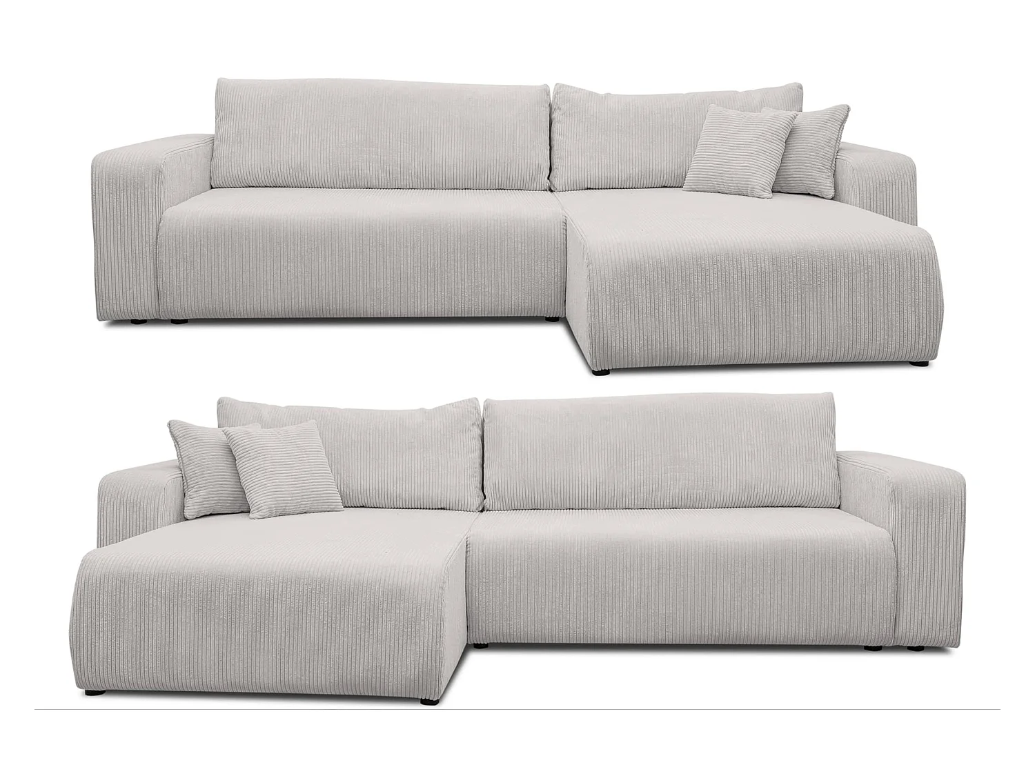 Canapé d'angle Luna XL avec fonction de couchage et coffre de rangement, couleur : gris clair, tissu cordé, pouf à gauche ou à droite