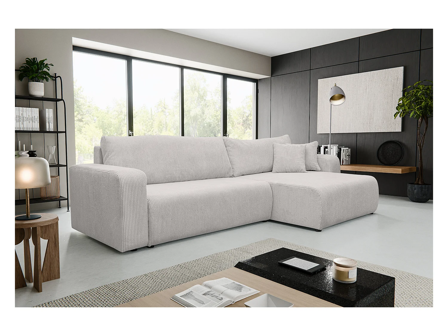 Hoekbank Luna XL, hoekbank in L-vorm met slaapfunctie en bedbak, kleur: lichtgrijs, corduroy, ottomane links of rechts