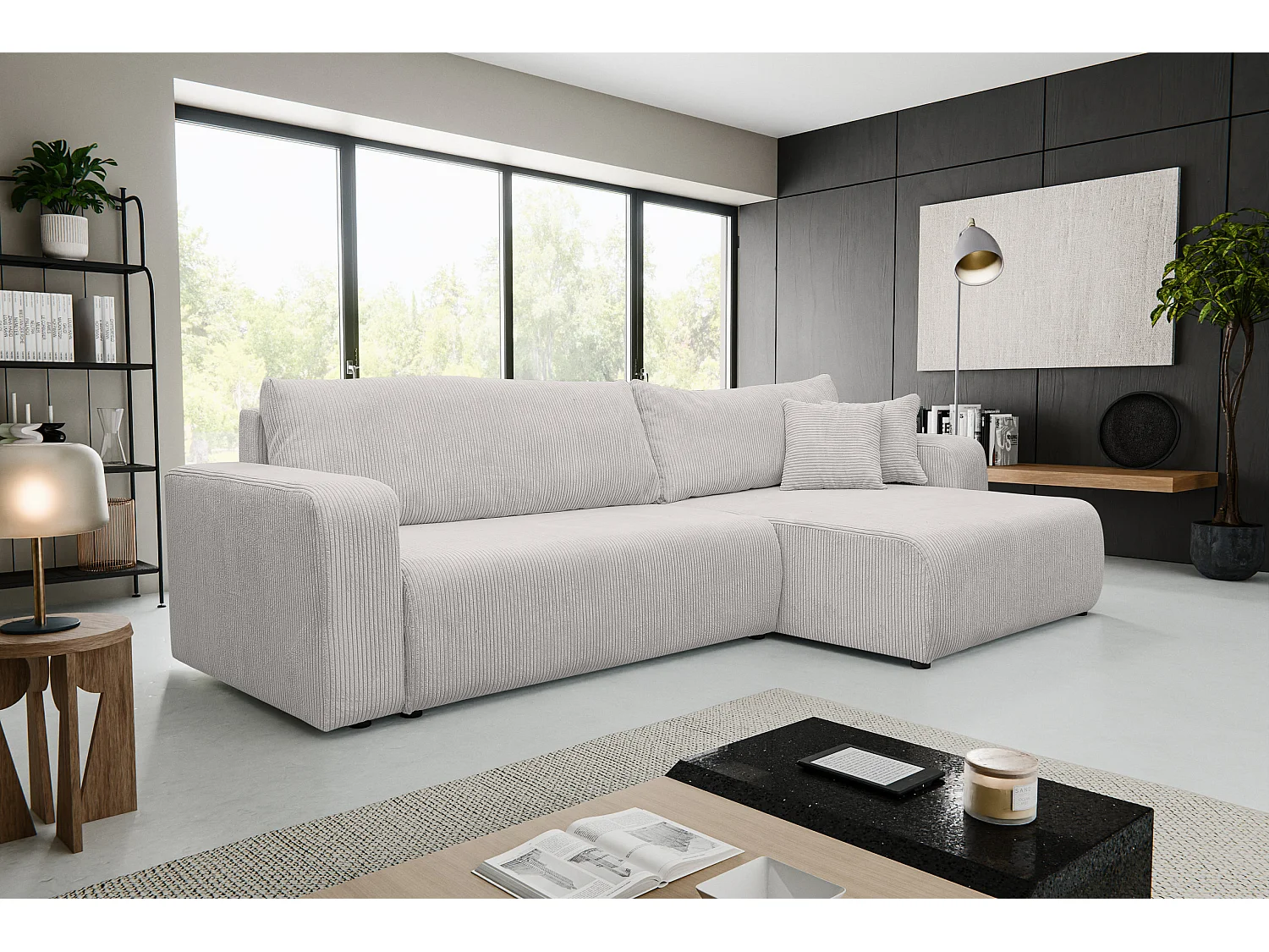 Canapé d'angle Luna XL avec fonction de couchage et coffre de rangement, couleur : gris clair, tissu cordé, pouf à gauche ou à droite