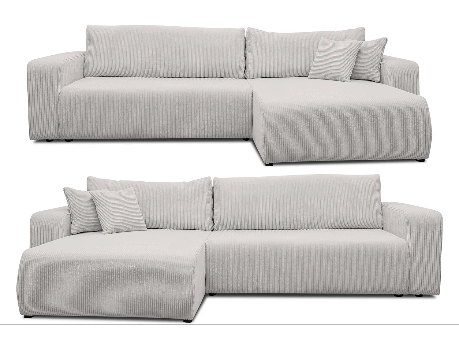 Canapé d'angle Luna XL avec fonction de couchage et coffre de rangement, couleur : gris clair, tissu cordé, pouf à gauche ou à droite