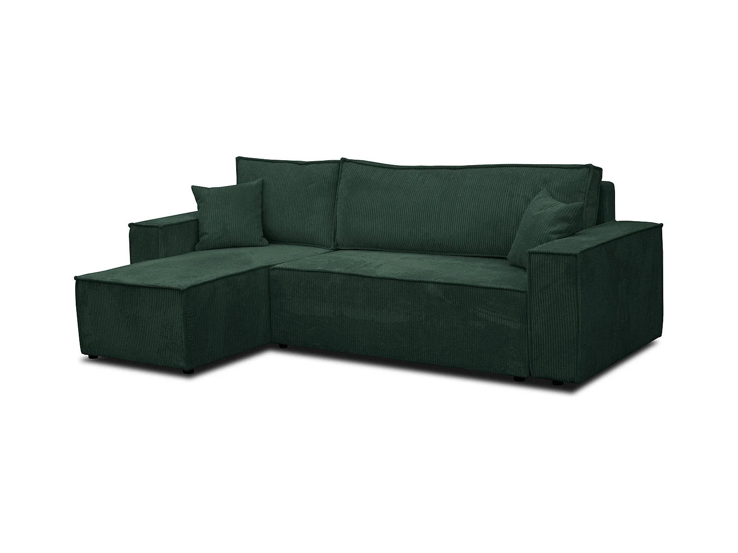 Canapé d'angle Hugo L avec fonction couchage et coffre de rangement, couleur : vert, tissu cordé, pouf universel