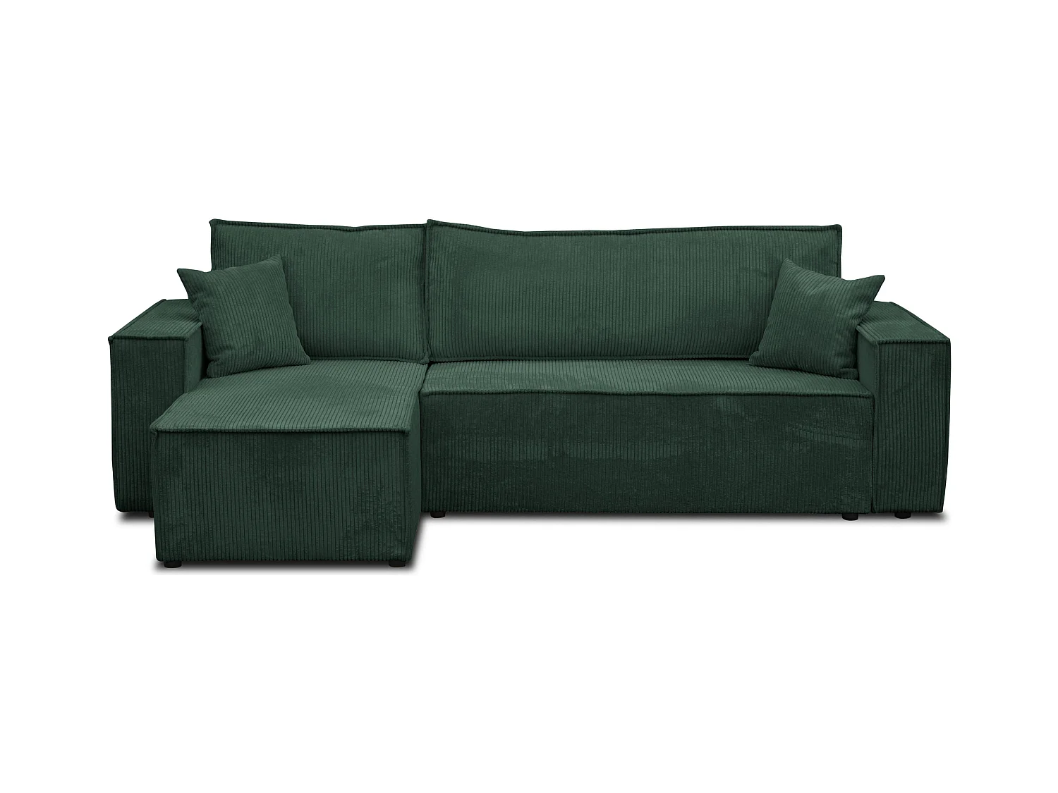 Canapé d'angle Hugo L avec fonction couchage et coffre de rangement, couleur : vert, tissu cordé, pouf universel