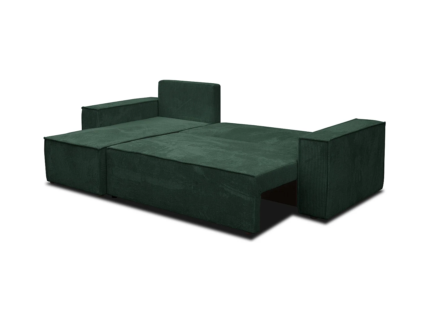 Canapé d'angle Hugo L avec fonction couchage et coffre de rangement, couleur : vert, tissu cordé, pouf universel
