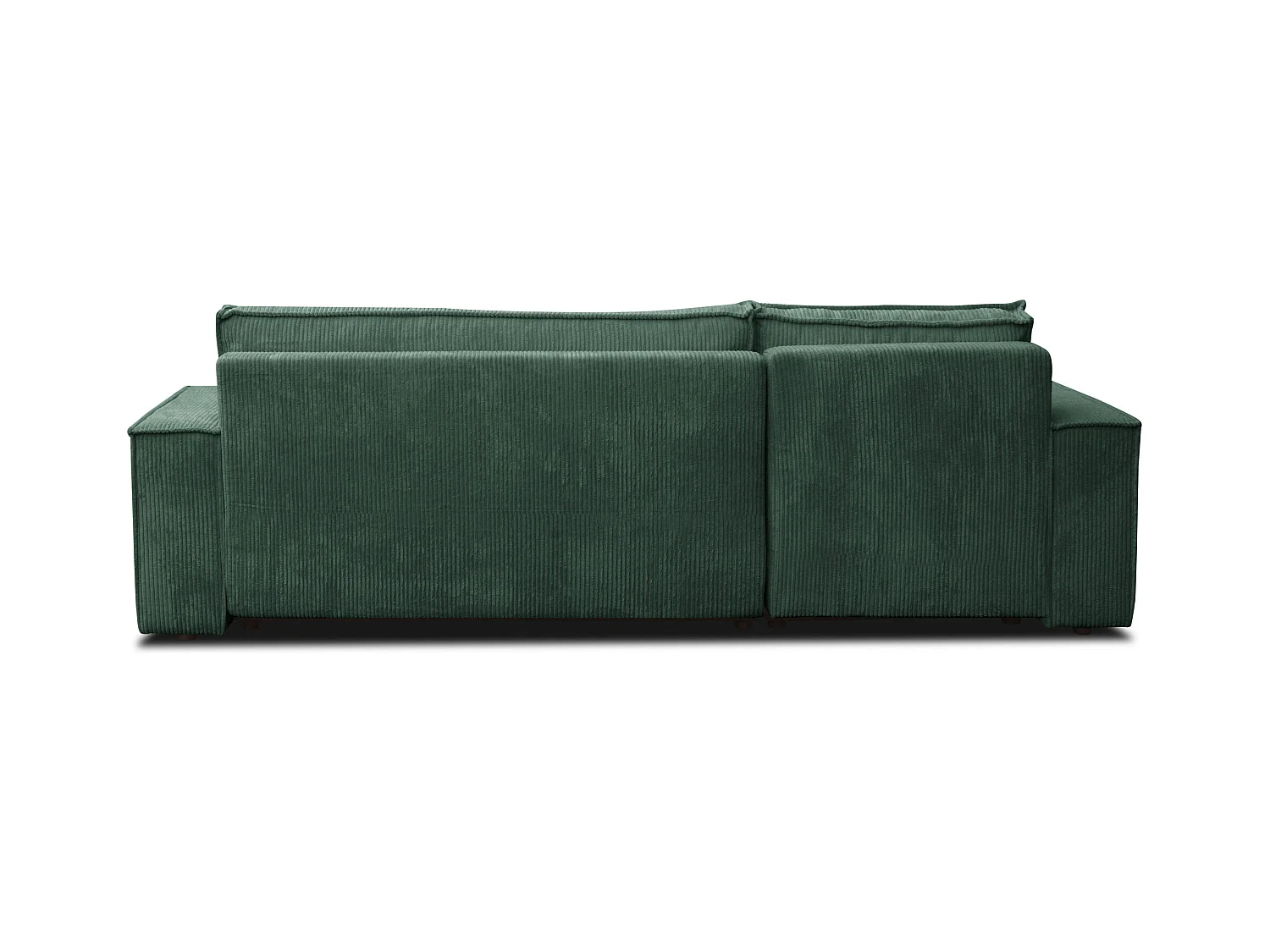 Canapé d'angle Hugo L avec fonction couchage et coffre de rangement, couleur : vert, tissu cordé, pouf universel