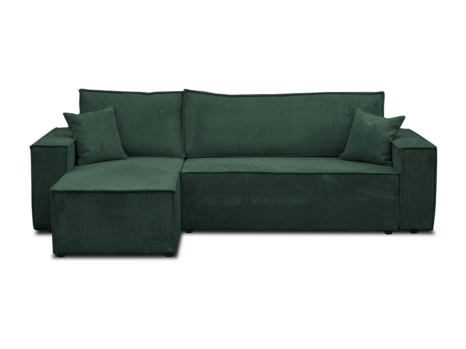 Canapé d'angle Hugo L avec fonction couchage et coffre de rangement, couleur : vert, tissu cordé, pouf universel