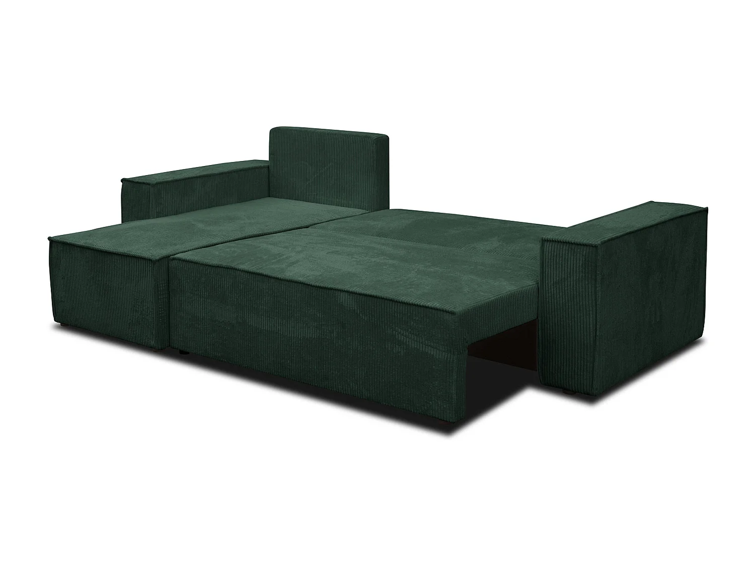 Canapé d'angle Hugo L avec fonction couchage et coffre de rangement, couleur : vert, tissu cordé, pouf universel