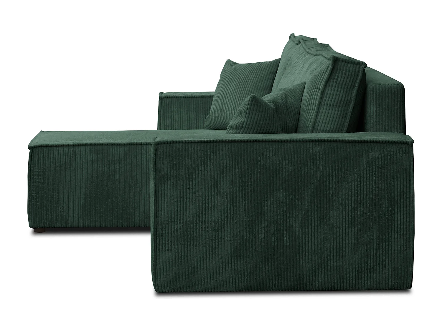 Canapé d'angle Hugo L avec fonction couchage et coffre de rangement, couleur : vert, tissu cordé, pouf universel