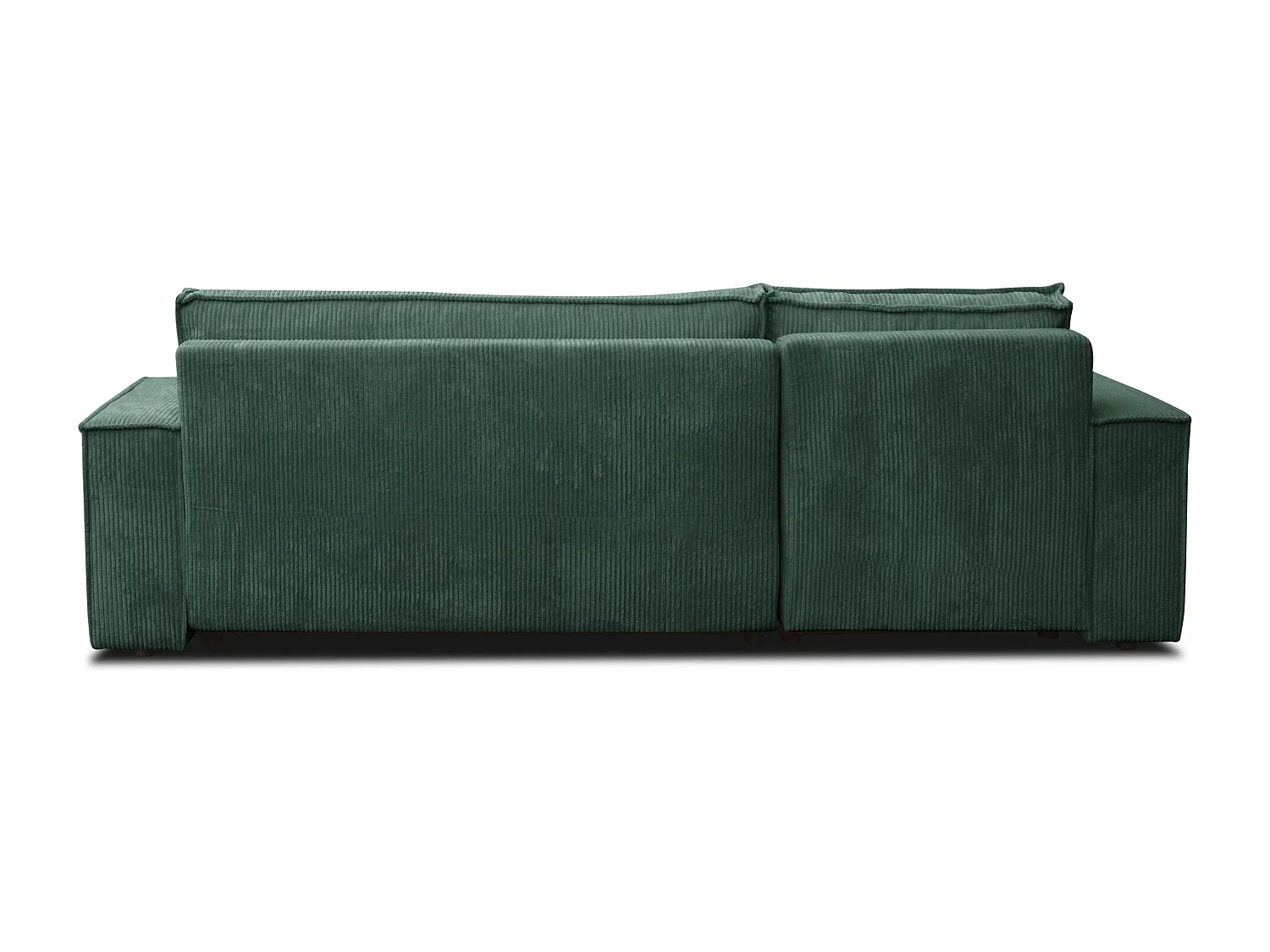 Canapé d'angle Hugo L avec fonction couchage et coffre de rangement, couleur : vert, tissu cordé, pouf universel