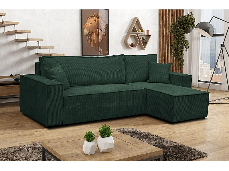 Canapé d'angle Hugo L avec fonction couchage et coffre de rangement, couleur : vert, tissu cordé, pouf universel