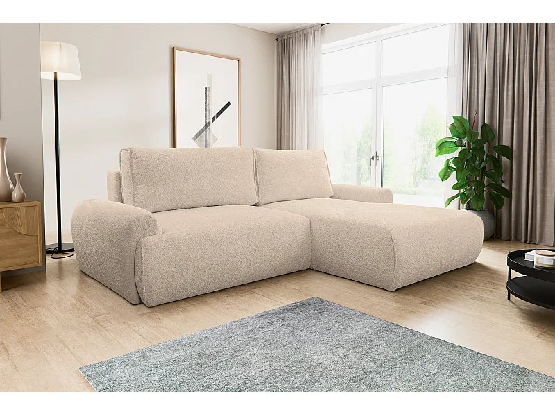 Hoekbank Moon, hoekbank in L-vorm met slaapfunctie en bedbak, kleur: lichtbruin, bouclé-stof, ottomane rechts