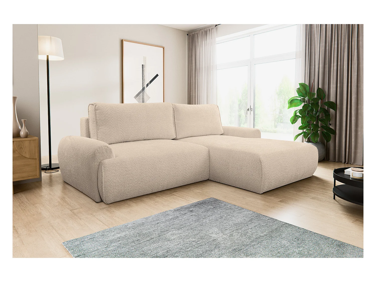 Canapé d'angle Moon avec fonction couchage et coffre de rangement, couleur : marron clair, tissu bouclé, pouf à droite