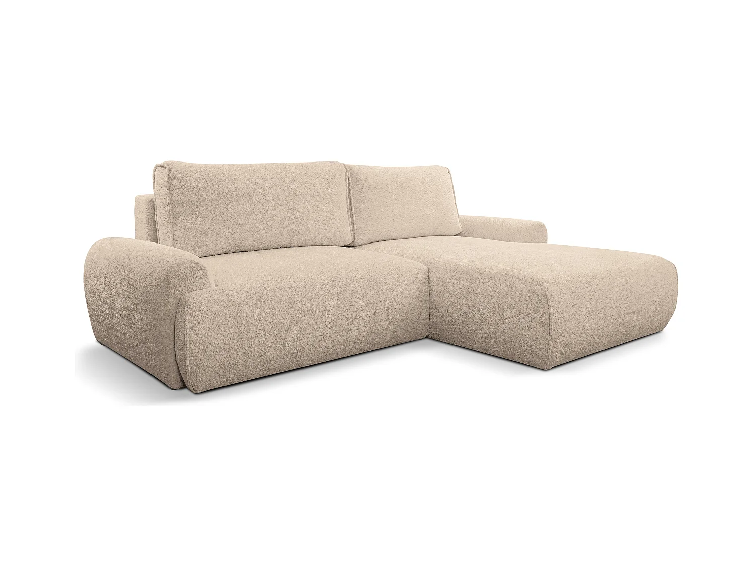 Canapé d'angle Moon avec fonction couchage et coffre de rangement, couleur : marron clair, tissu bouclé, pouf à droite