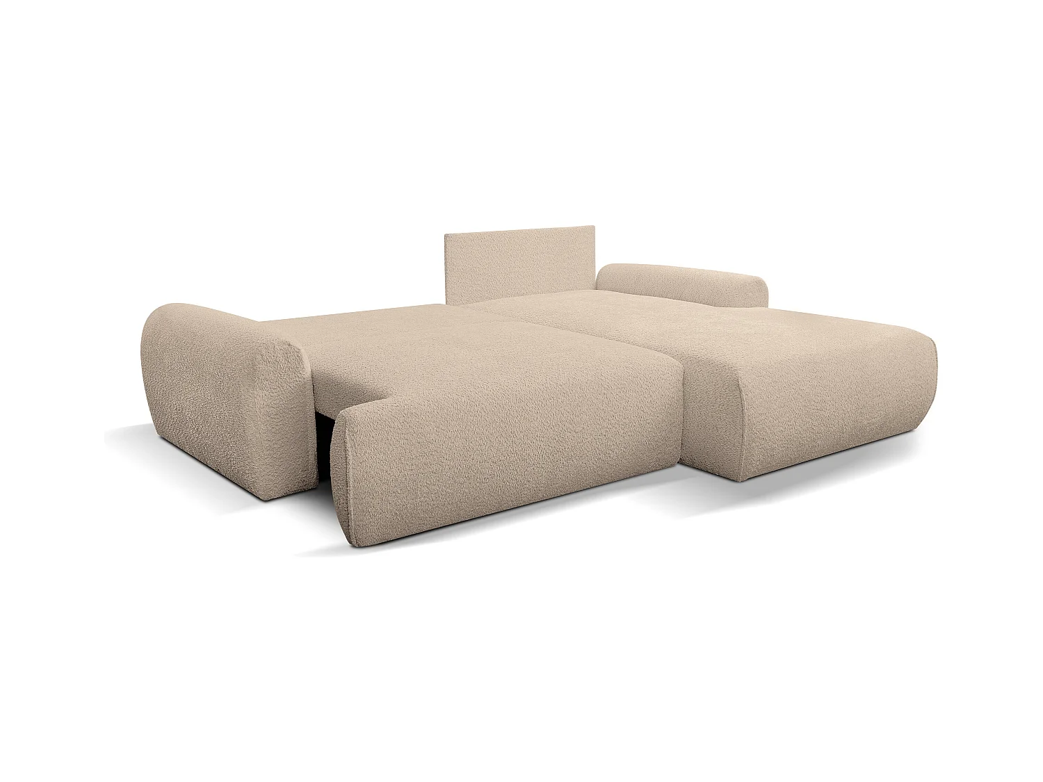 Canapé d'angle Moon avec fonction couchage et coffre de rangement, couleur : marron clair, tissu bouclé, pouf à droite