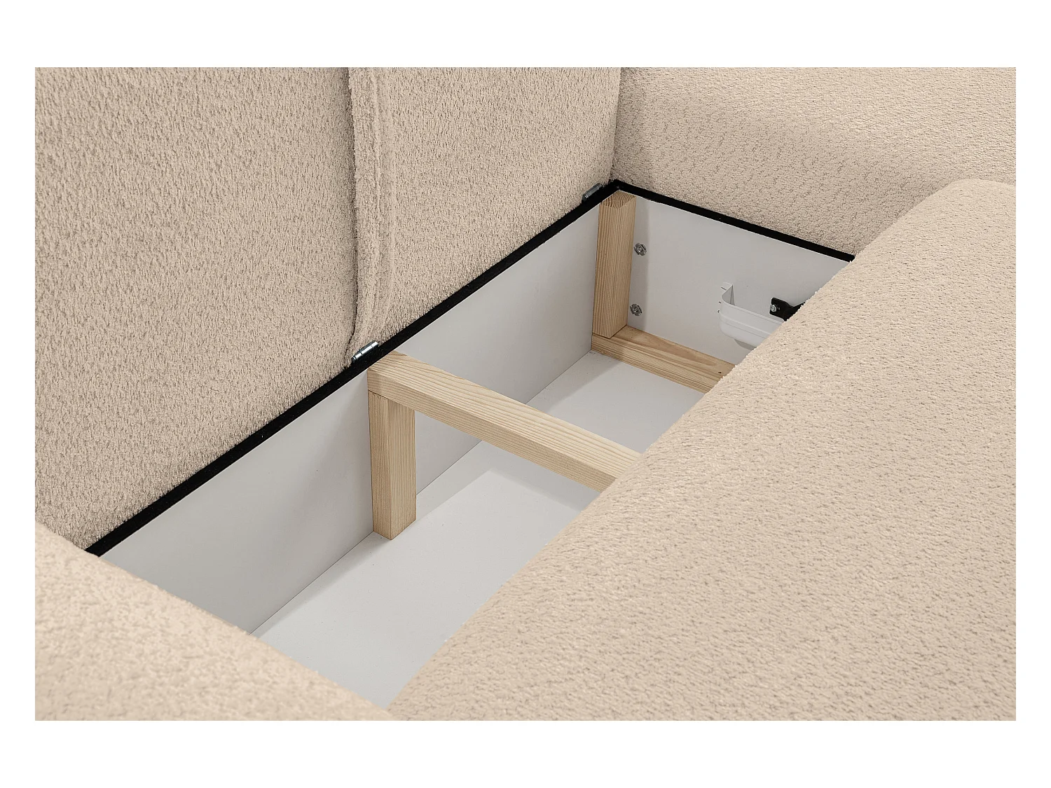 Canapé d'angle Moon avec fonction couchage et coffre de rangement, couleur : marron clair, tissu bouclé, pouf à droite