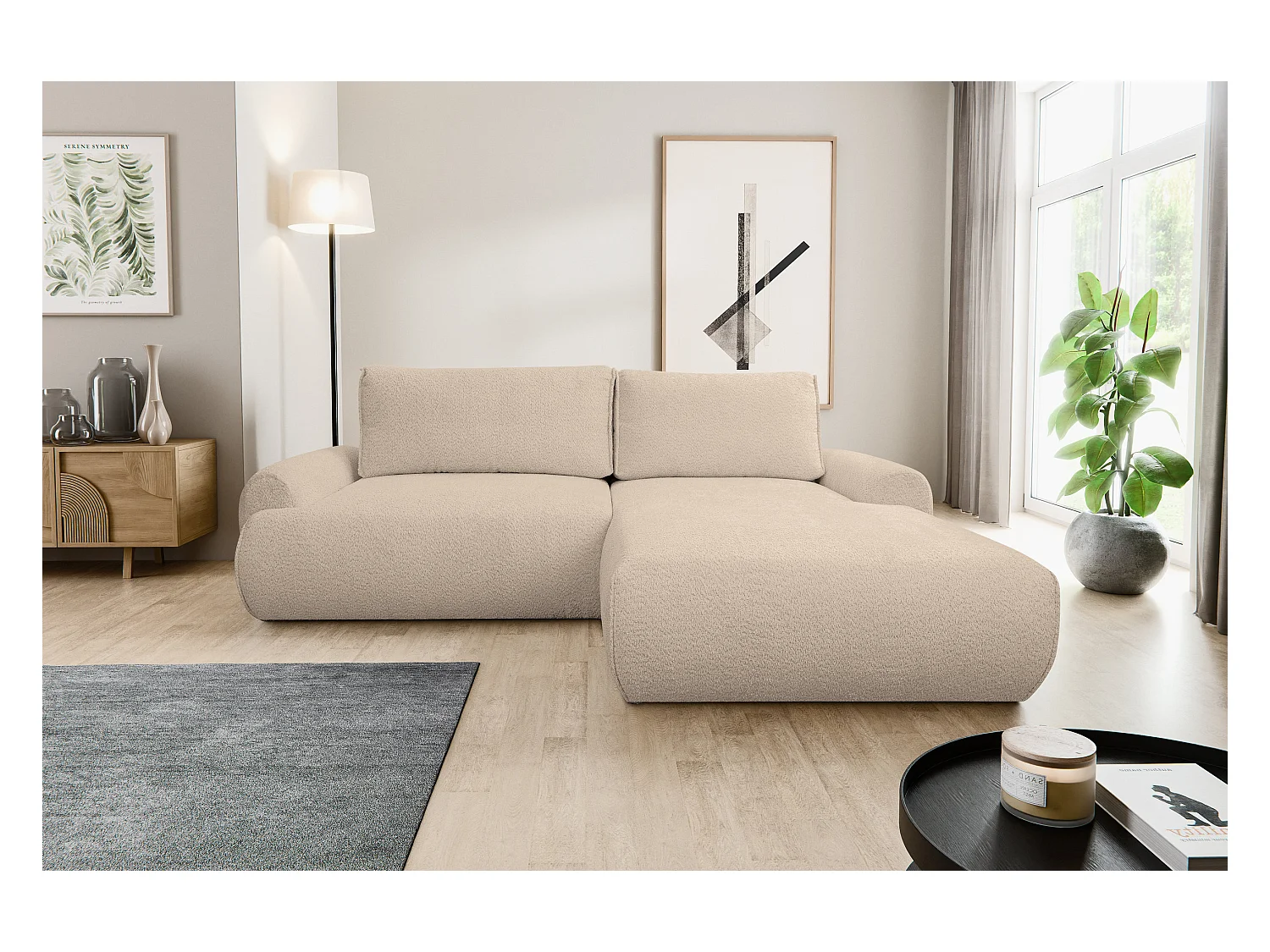 Canapé d'angle Moon avec fonction couchage et coffre de rangement, couleur : marron clair, tissu bouclé, pouf à droite