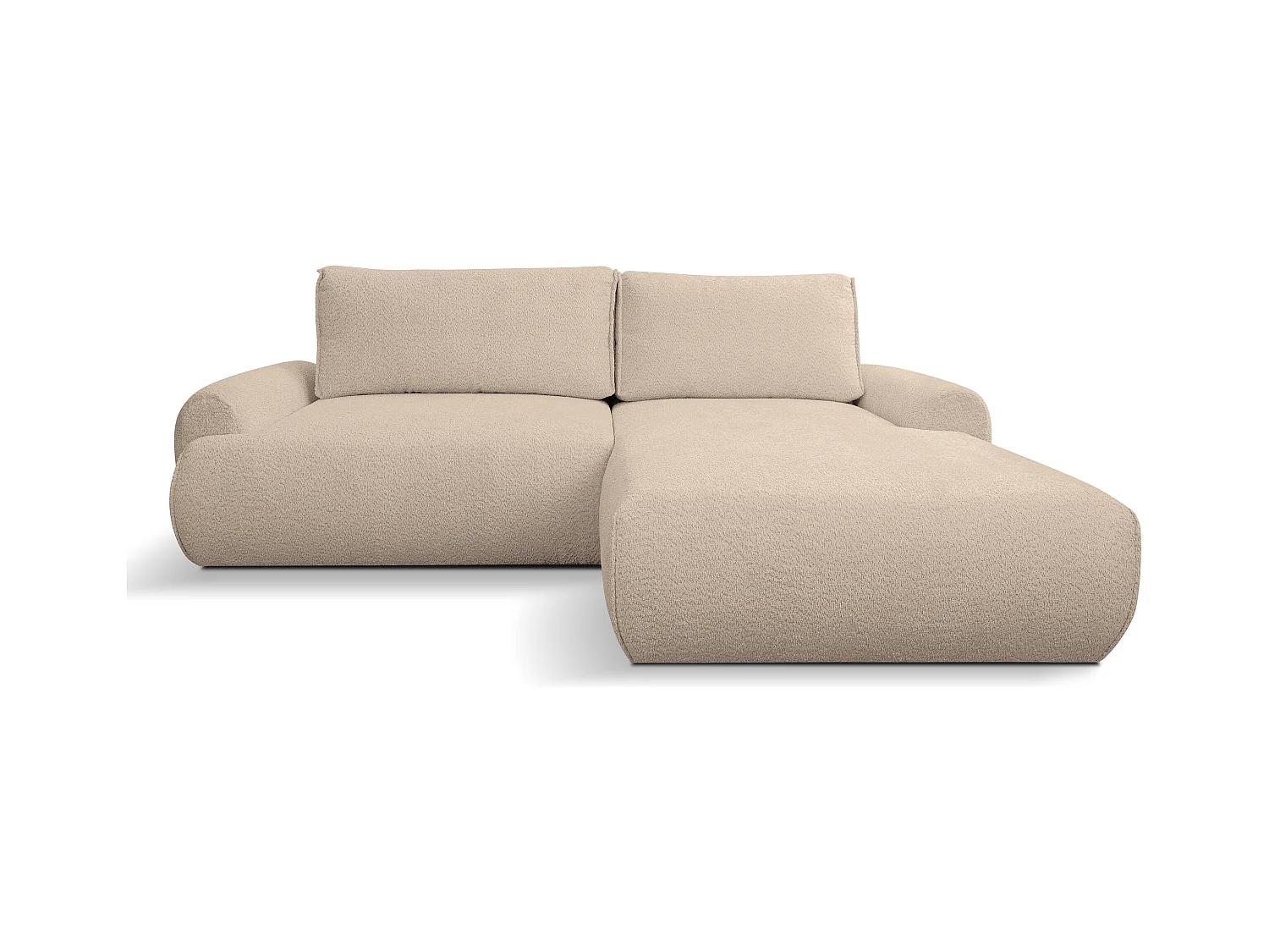 Canapé d'angle Moon avec fonction couchage et coffre de rangement, couleur : marron clair, tissu bouclé, pouf à droite