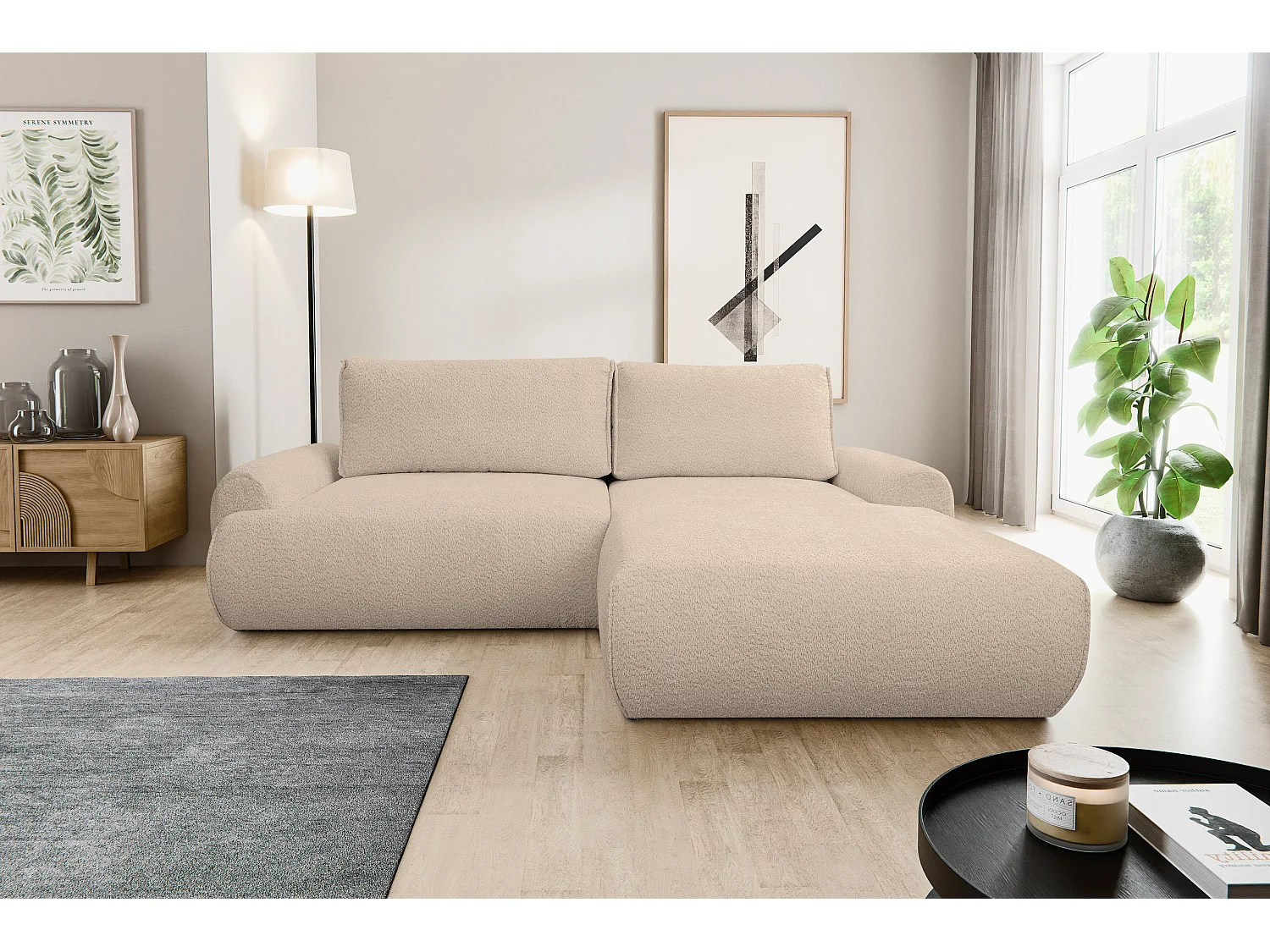 Canapé d'angle Moon avec fonction couchage et coffre de rangement, couleur : marron clair, tissu bouclé, pouf à droite