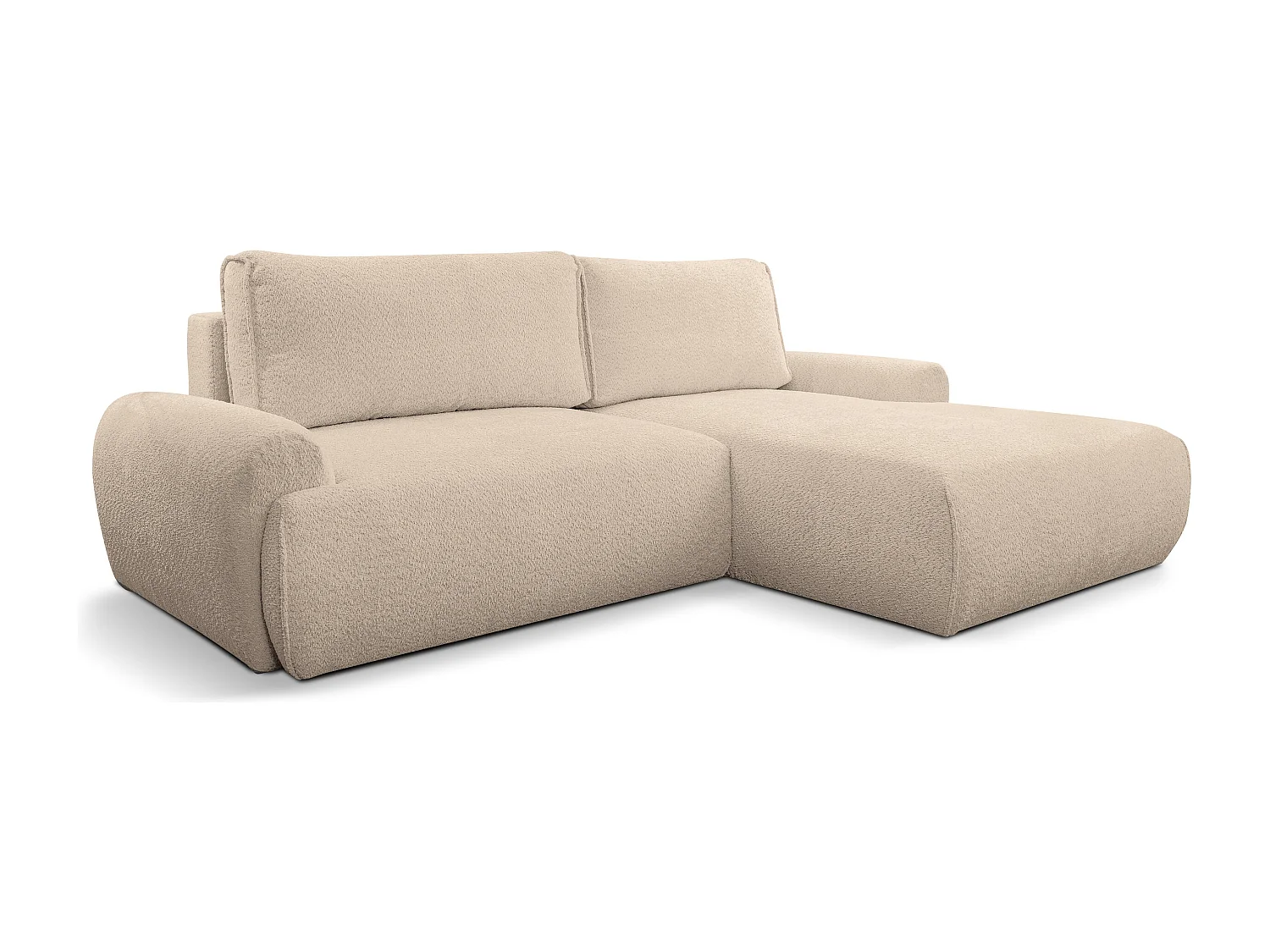 Canapé d'angle Moon avec fonction couchage et coffre de rangement, couleur : marron clair, tissu bouclé, pouf à droite