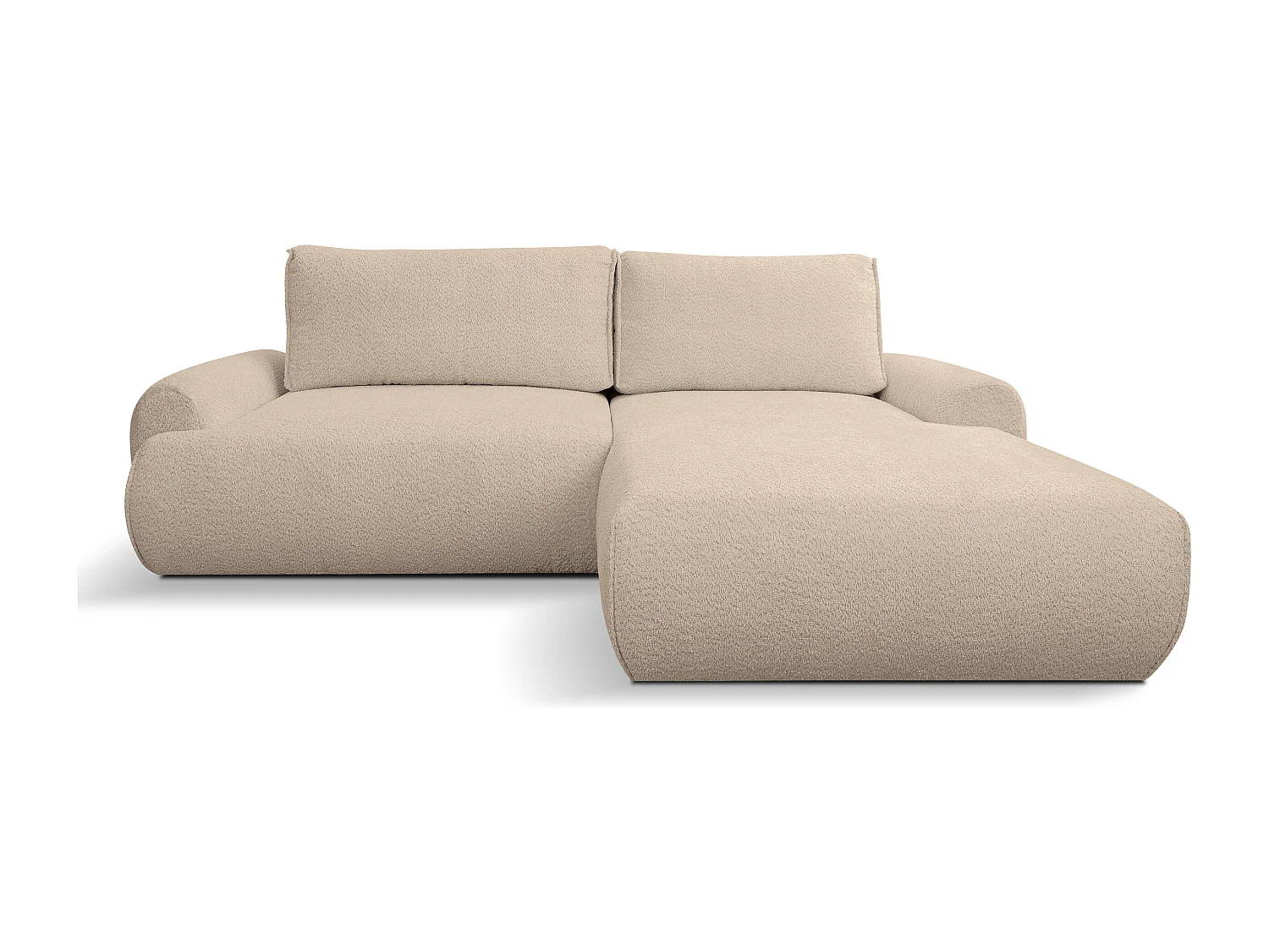 Canapé d'angle Moon avec fonction couchage et coffre de rangement, couleur : marron clair, tissu bouclé, pouf à droite