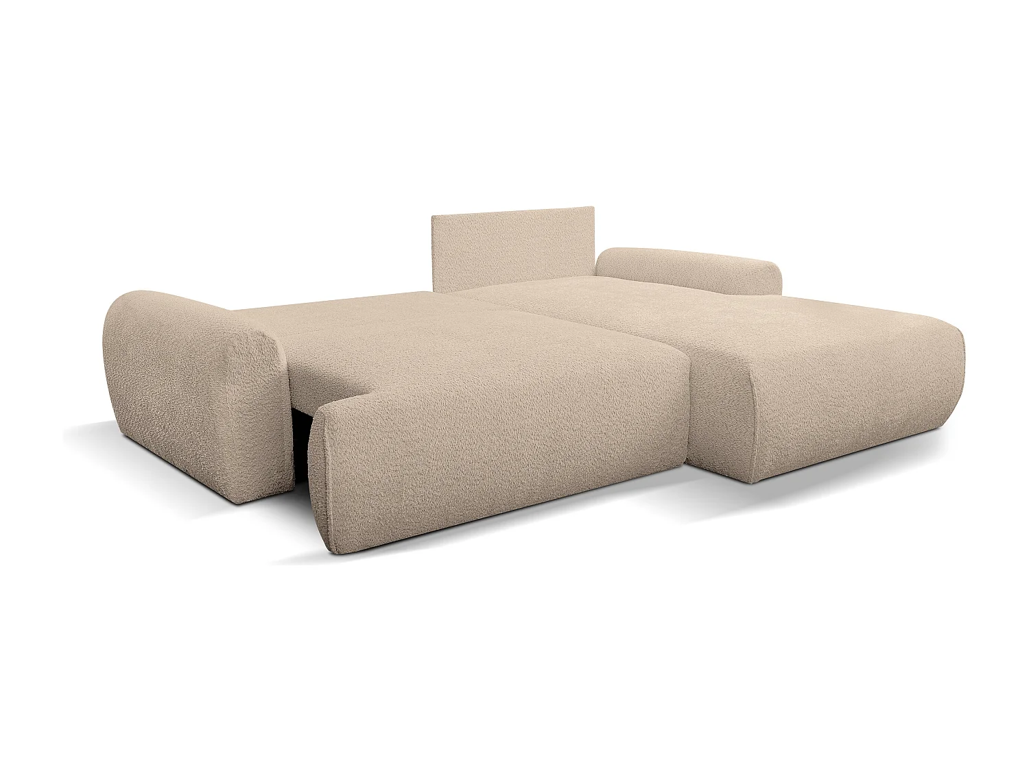 Canapé d'angle Moon avec fonction couchage et coffre de rangement, couleur : marron clair, tissu bouclé, pouf à droite