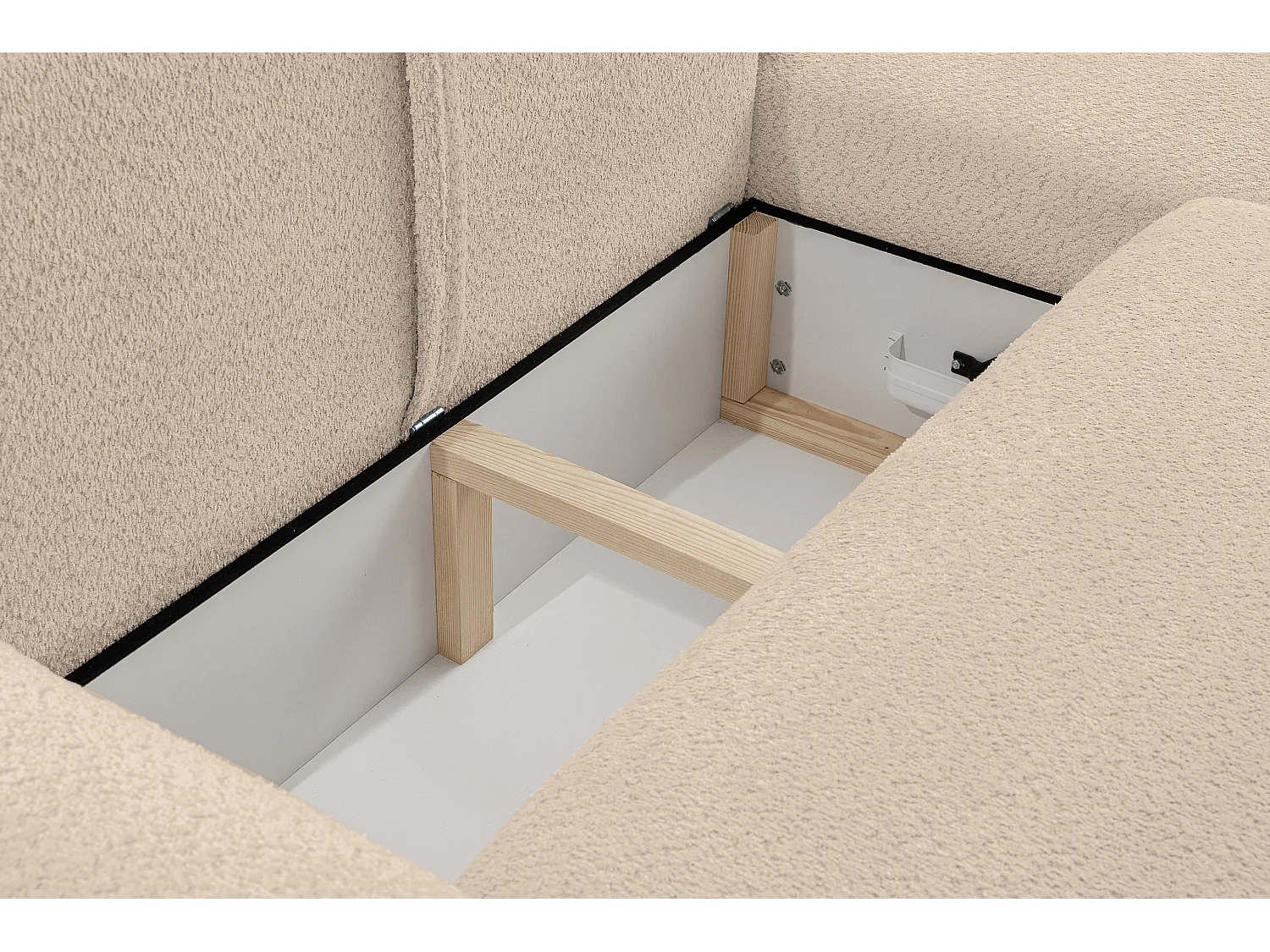 Canapé d'angle Moon avec fonction couchage et coffre de rangement, couleur : marron clair, tissu bouclé, pouf à droite