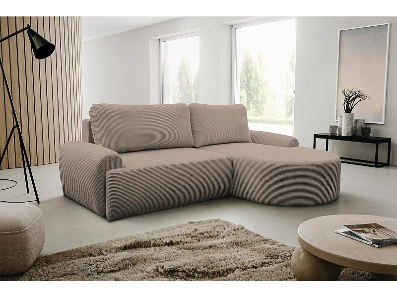 Ecksofa Dream Cord, Eckcouch in L-Form mit Schlaffunktion und Bettkasten, Farbe: Braun, Cordstoff, Ottomane Rechts