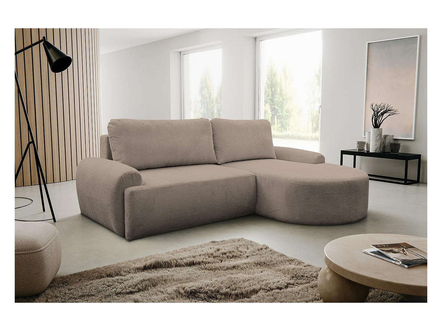 Canapé d'angle Dream Cord avec fonction couchage et coffre de rangement, couleur : marron, tissu cordé, pouf à droite