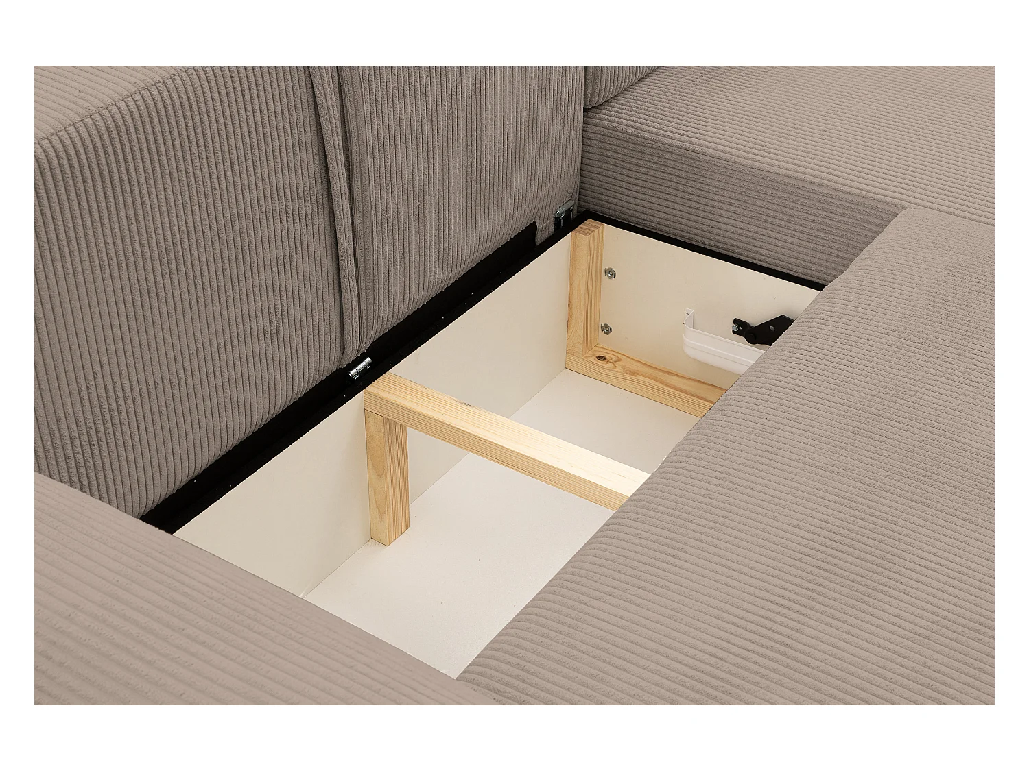 Canapé d'angle Dream Cord avec fonction couchage et coffre de rangement, couleur : marron, tissu cordé, pouf à droite