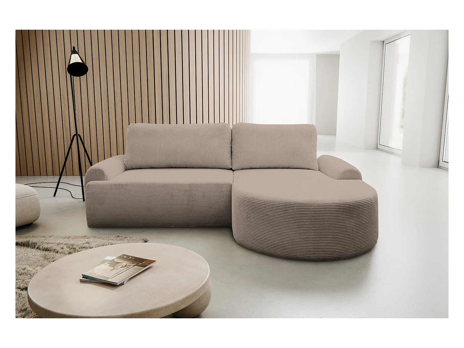 Canapé d'angle Dream Cord avec fonction couchage et coffre de rangement, couleur : marron, tissu cordé, pouf à droite