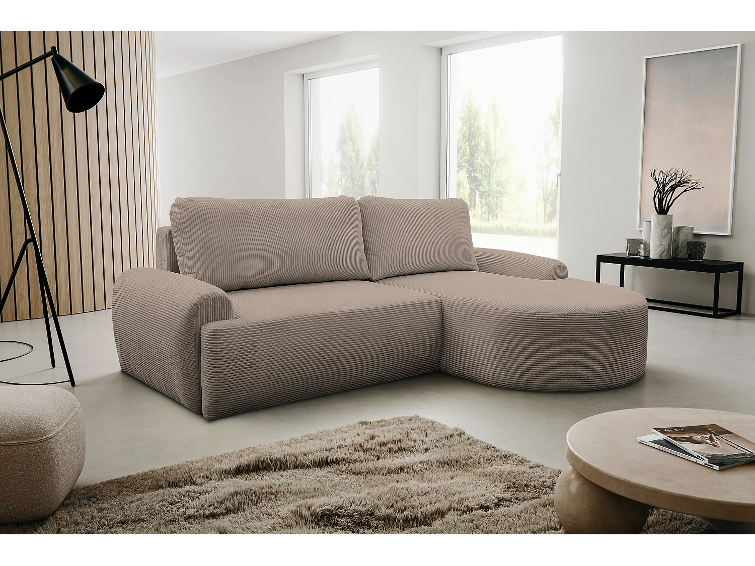 Canapé d'angle Dream Cord avec fonction couchage et coffre de rangement, couleur : marron, tissu cordé, pouf à droite