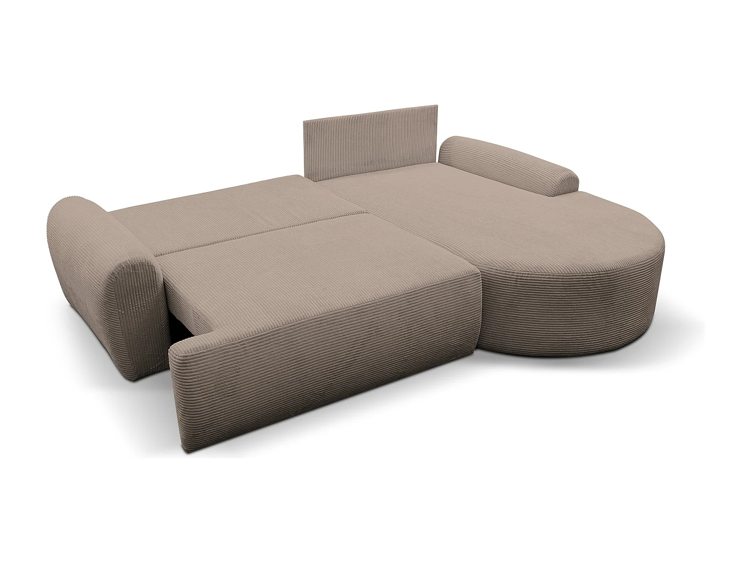 Canapé d'angle Dream Cord avec fonction couchage et coffre de rangement, couleur : marron, tissu cordé, pouf à droite