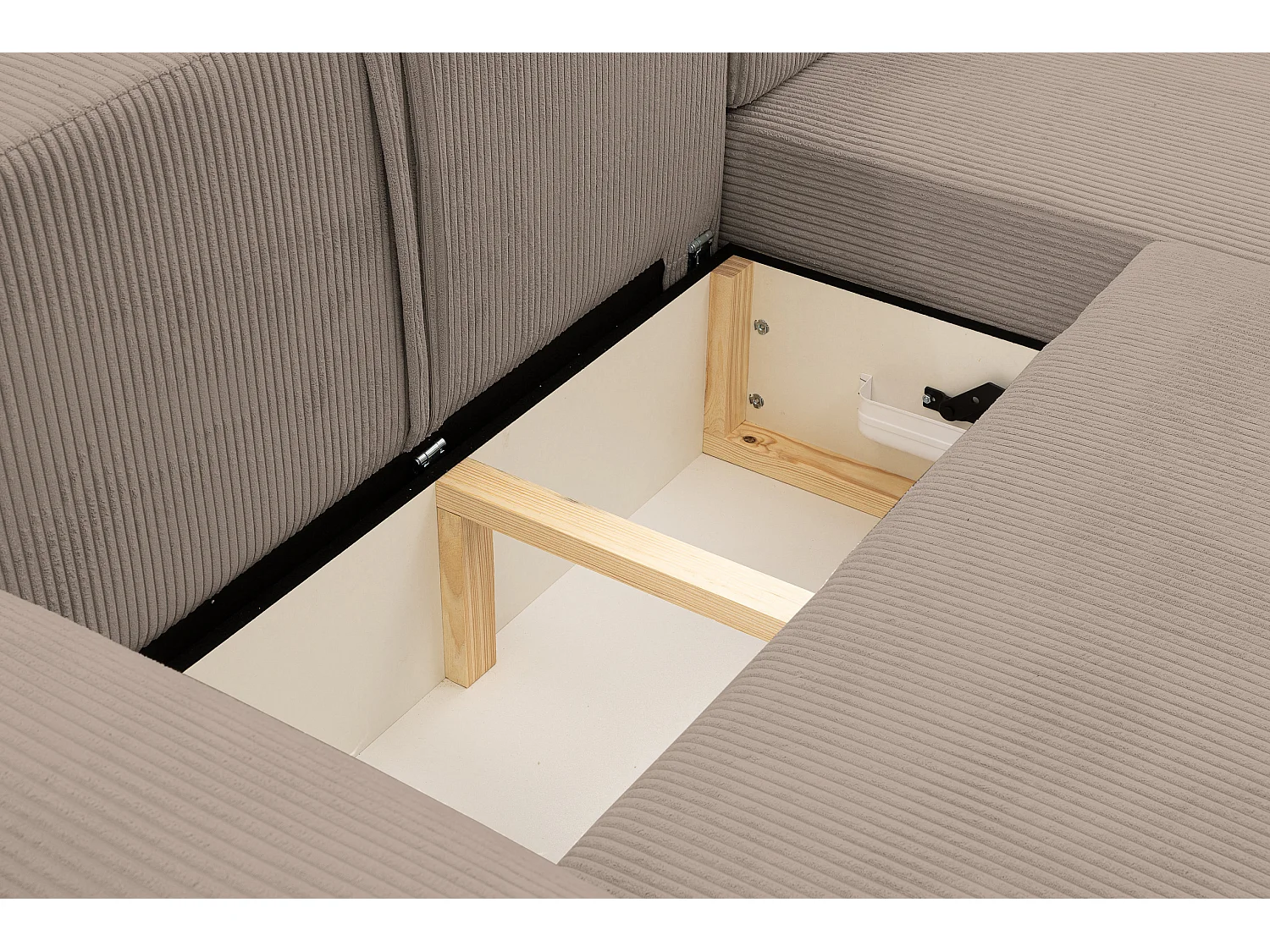 Canapé d'angle Dream Cord avec fonction couchage et coffre de rangement, couleur : marron, tissu cordé, pouf à droite