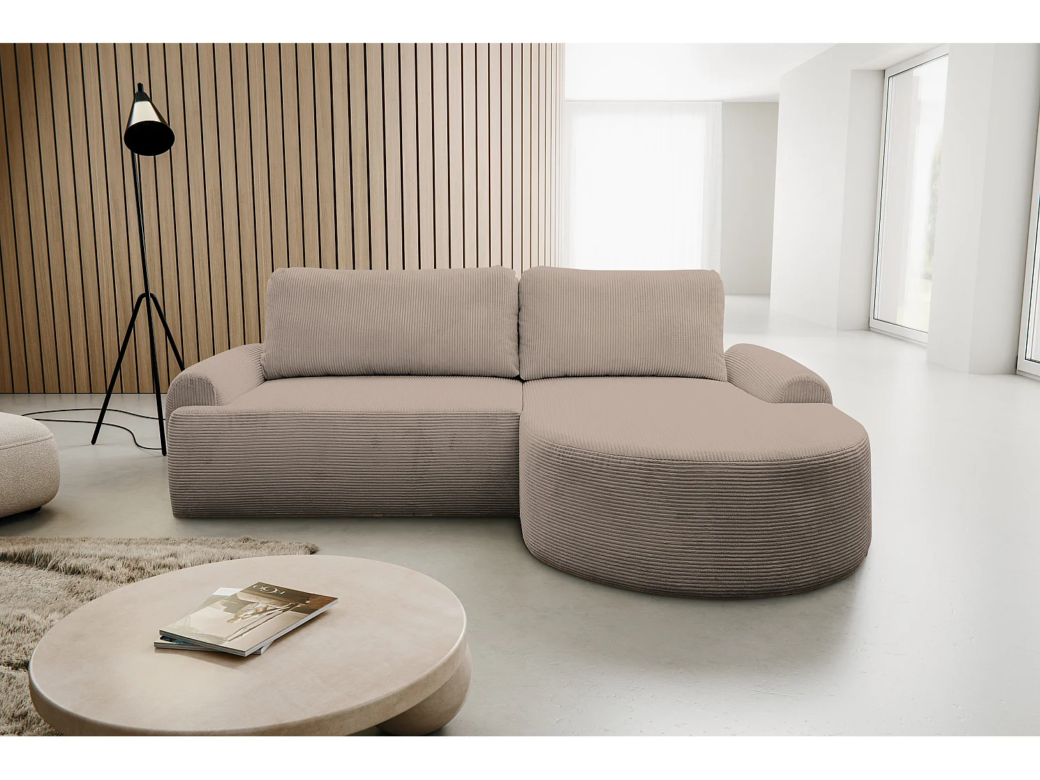 Canapé d'angle Dream Cord avec fonction couchage et coffre de rangement, couleur : marron, tissu cordé, pouf à droite