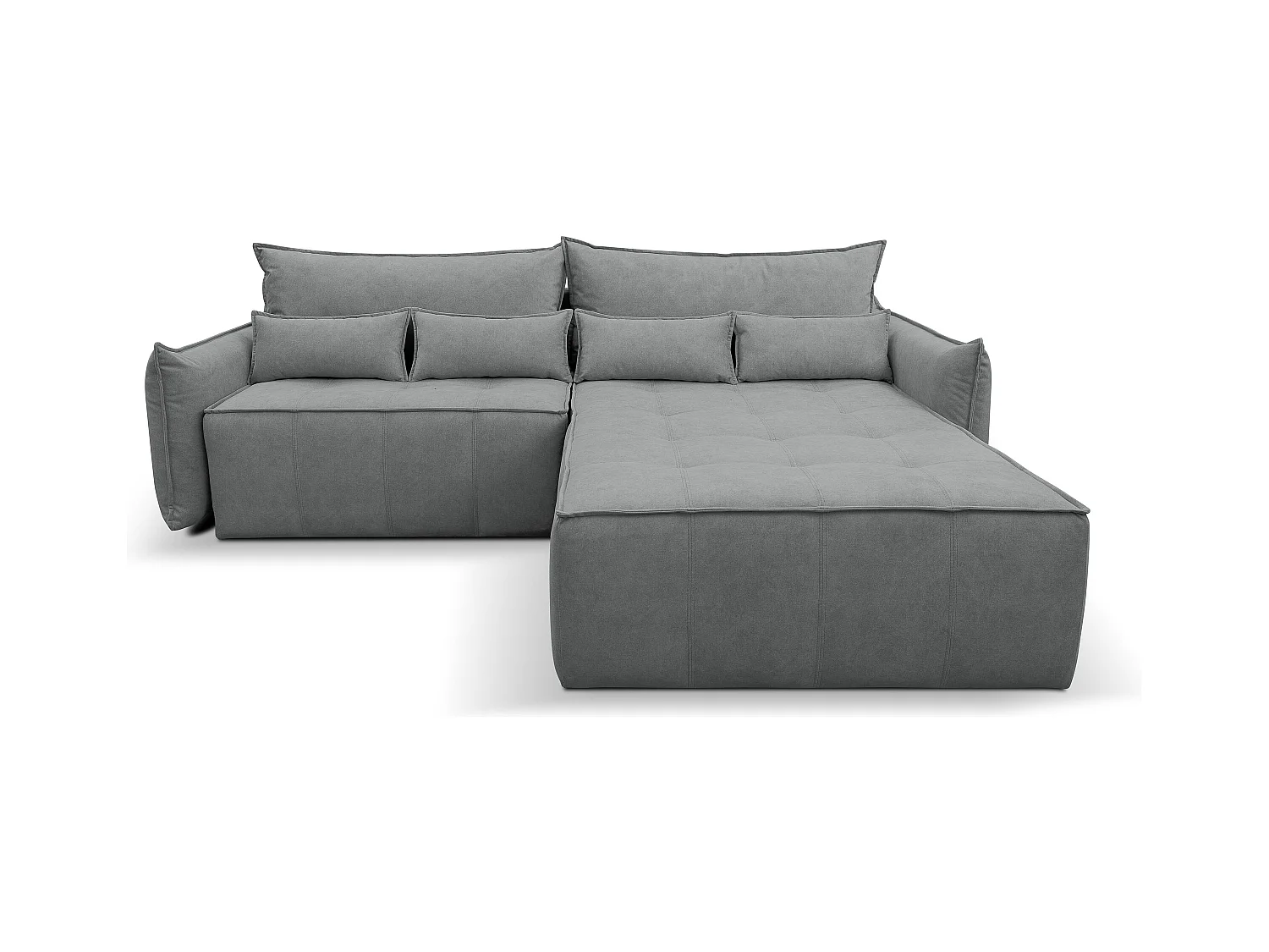 Canapé d'angle Empoli avec fonction couchage et coffre de rangement, couleur : gris, tissu velours, pouf à droite