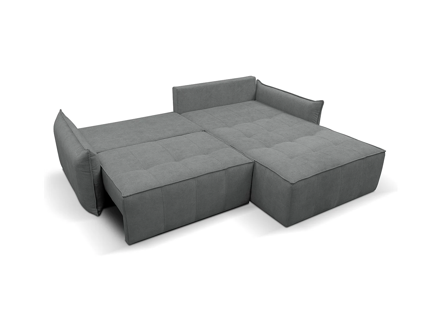 Canapé d'angle Empoli avec fonction couchage et coffre de rangement, couleur : gris, tissu velours, pouf à droite