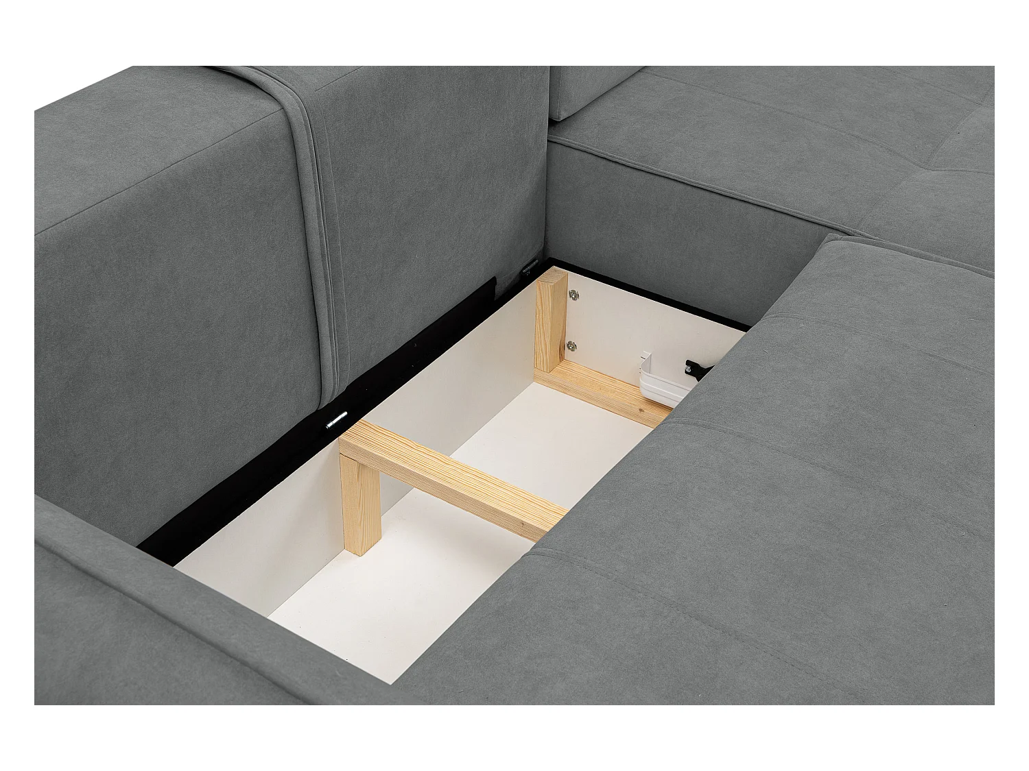Canapé d'angle Empoli avec fonction couchage et coffre de rangement, couleur : gris, tissu velours, pouf à droite