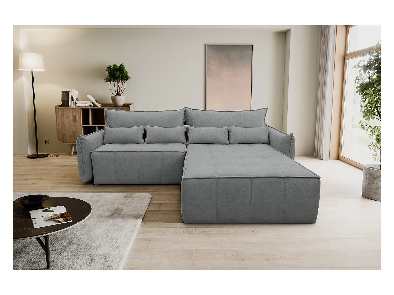 Canapé d'angle Empoli avec fonction couchage et coffre de rangement, couleur : gris, tissu velours, pouf à droite