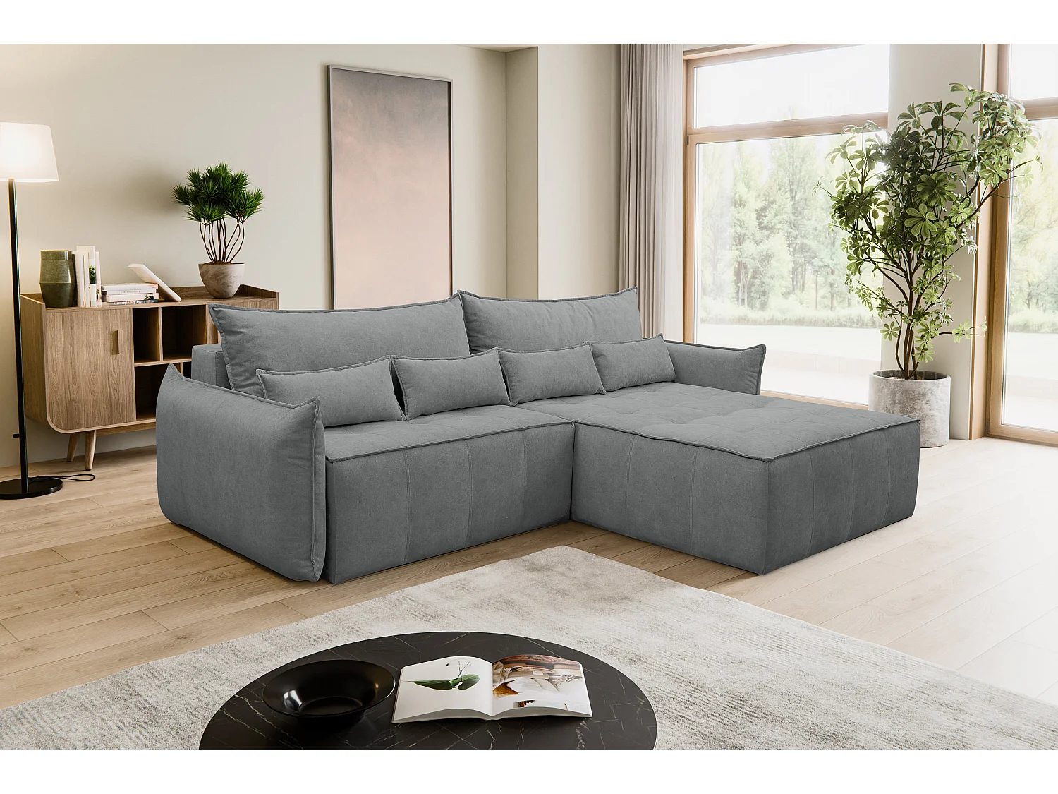 Canapé d'angle Empoli avec fonction couchage et coffre de rangement, couleur : gris, tissu velours, pouf à droite