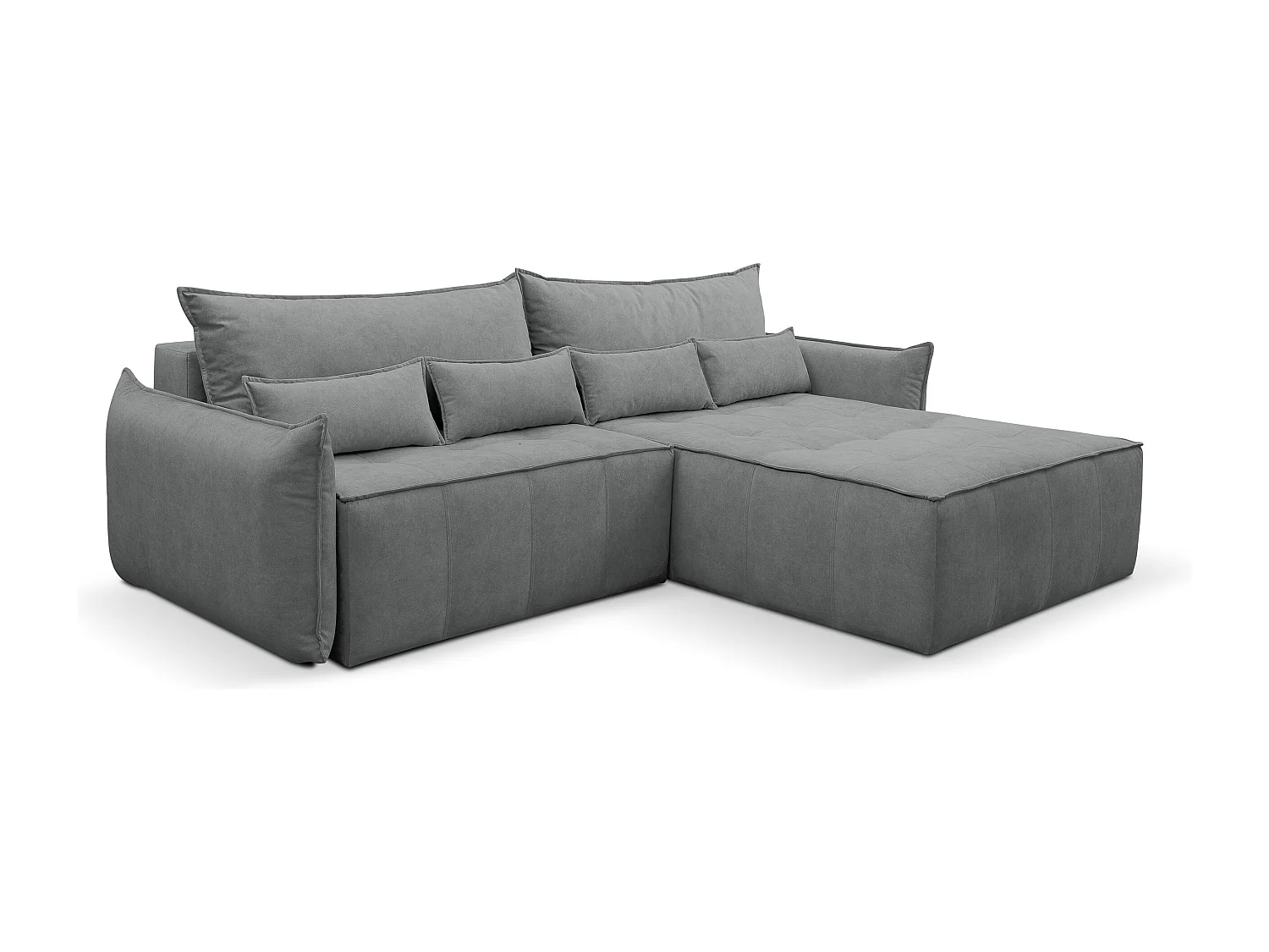 Canapé d'angle Empoli avec fonction couchage et coffre de rangement, couleur : gris, tissu velours, pouf à droite