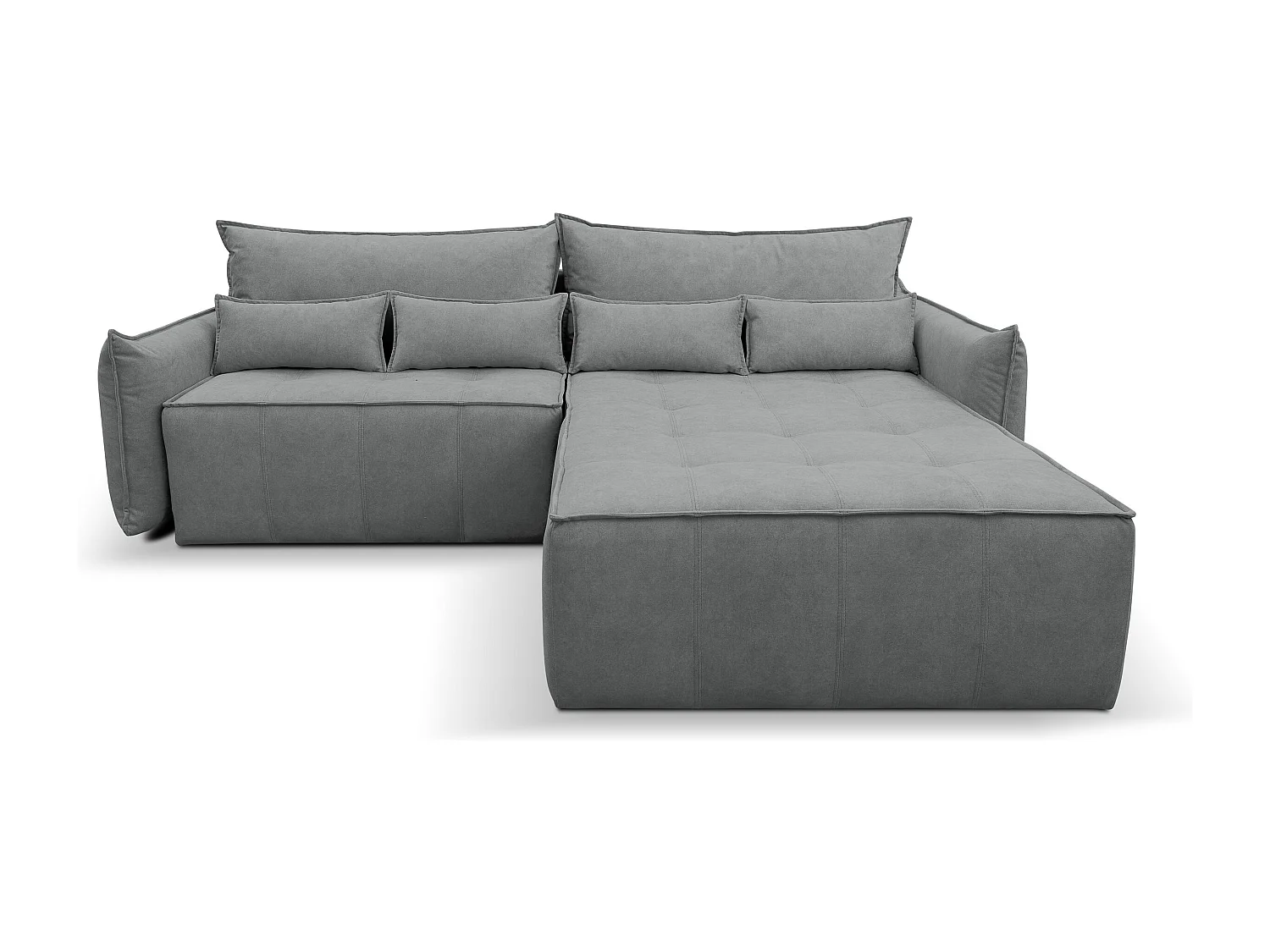 Canapé d'angle Empoli avec fonction couchage et coffre de rangement, couleur : gris, tissu velours, pouf à droite