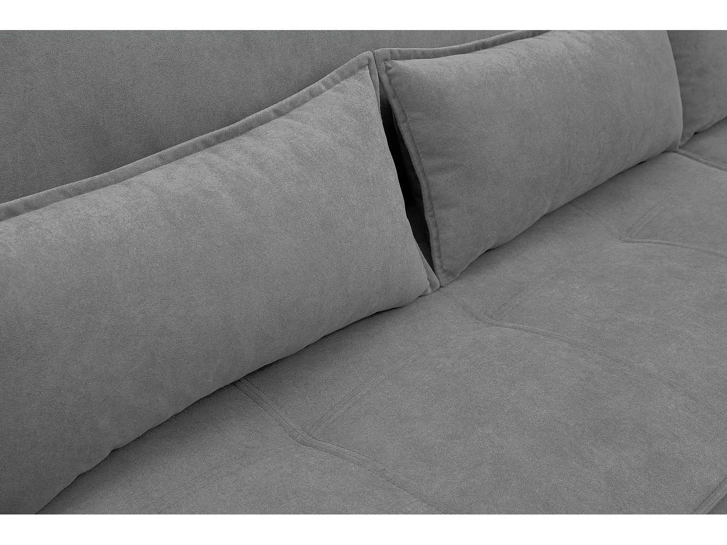 Canapé d'angle Empoli avec fonction couchage et coffre de rangement, couleur : gris, tissu velours, pouf à droite