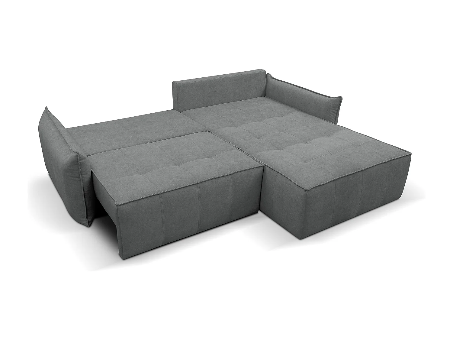 Canapé d'angle Empoli avec fonction couchage et coffre de rangement, couleur : gris, tissu velours, pouf à droite