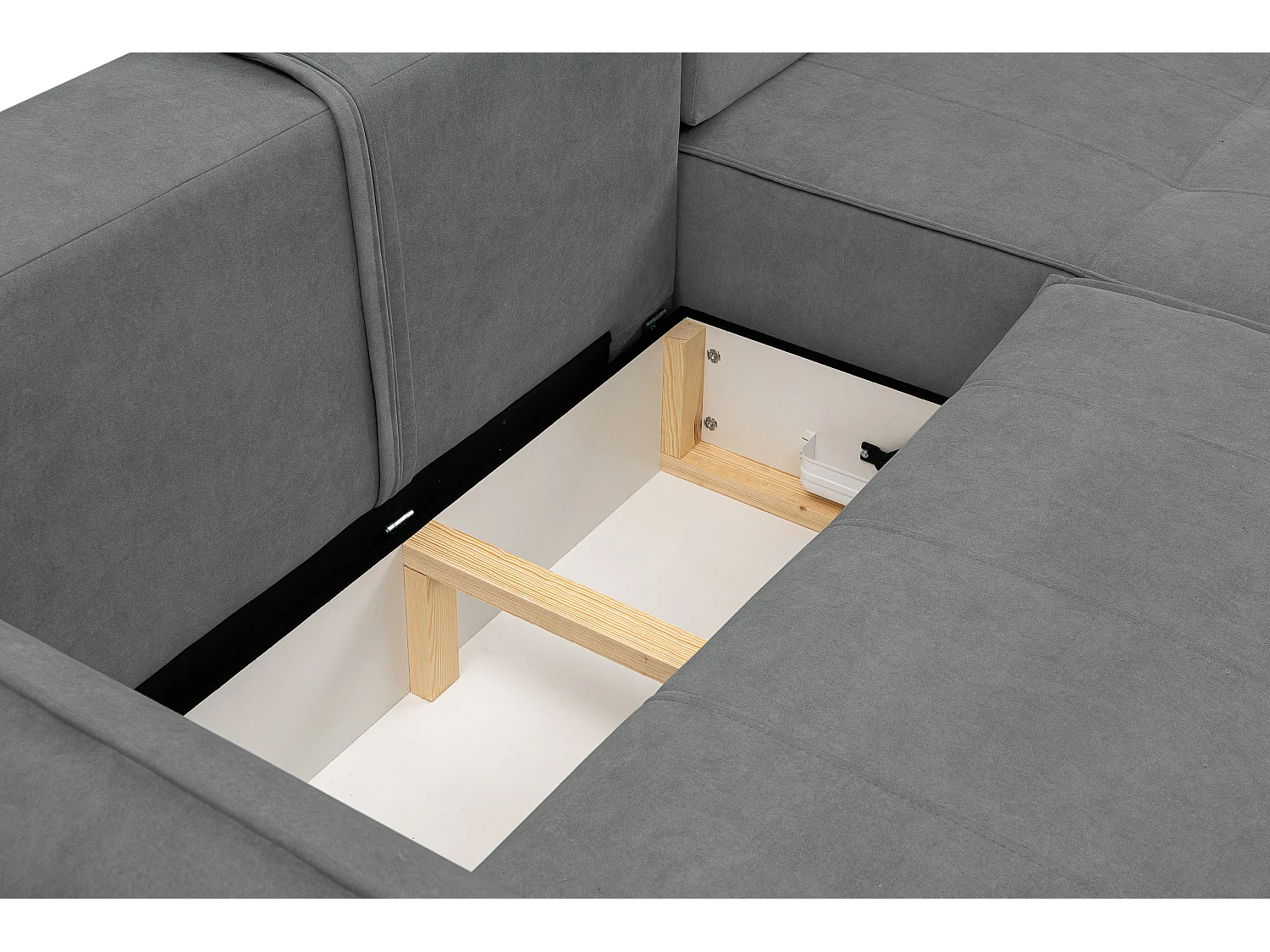 Canapé d'angle Empoli avec fonction couchage et coffre de rangement, couleur : gris, tissu velours, pouf à droite