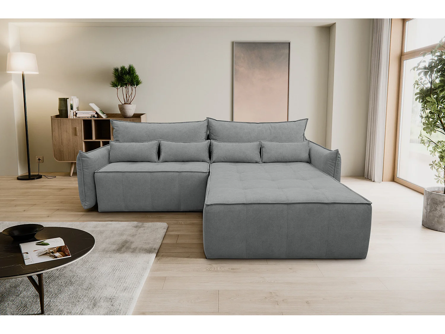 Canapé d'angle Empoli avec fonction couchage et coffre de rangement, couleur : gris, tissu velours, pouf à droite