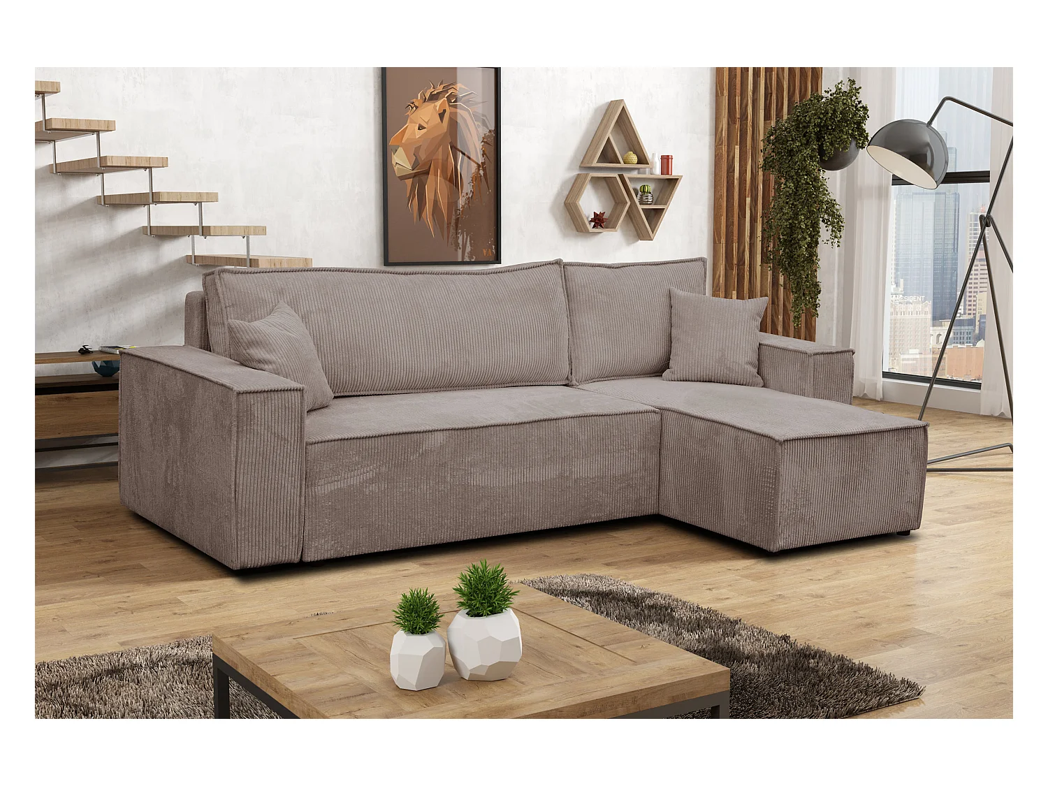 Canapé d'angle Hugo L avec fonction couchage et coffre de rangement, couleur : marron clair, tissu cordé, pouf universel