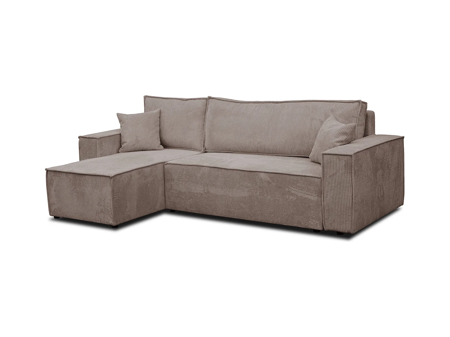 Canapé d'angle Hugo L avec fonction couchage et coffre de rangement, couleur : marron clair, tissu cordé, pouf universel