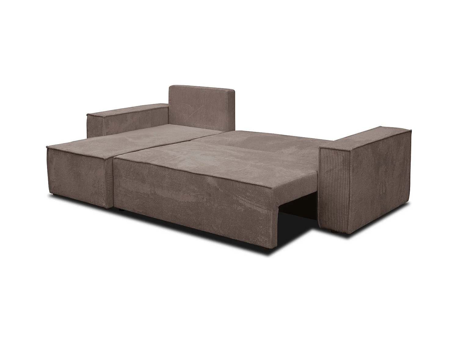 Canapé d'angle Hugo L avec fonction couchage et coffre de rangement, couleur : marron clair, tissu cordé, pouf universel