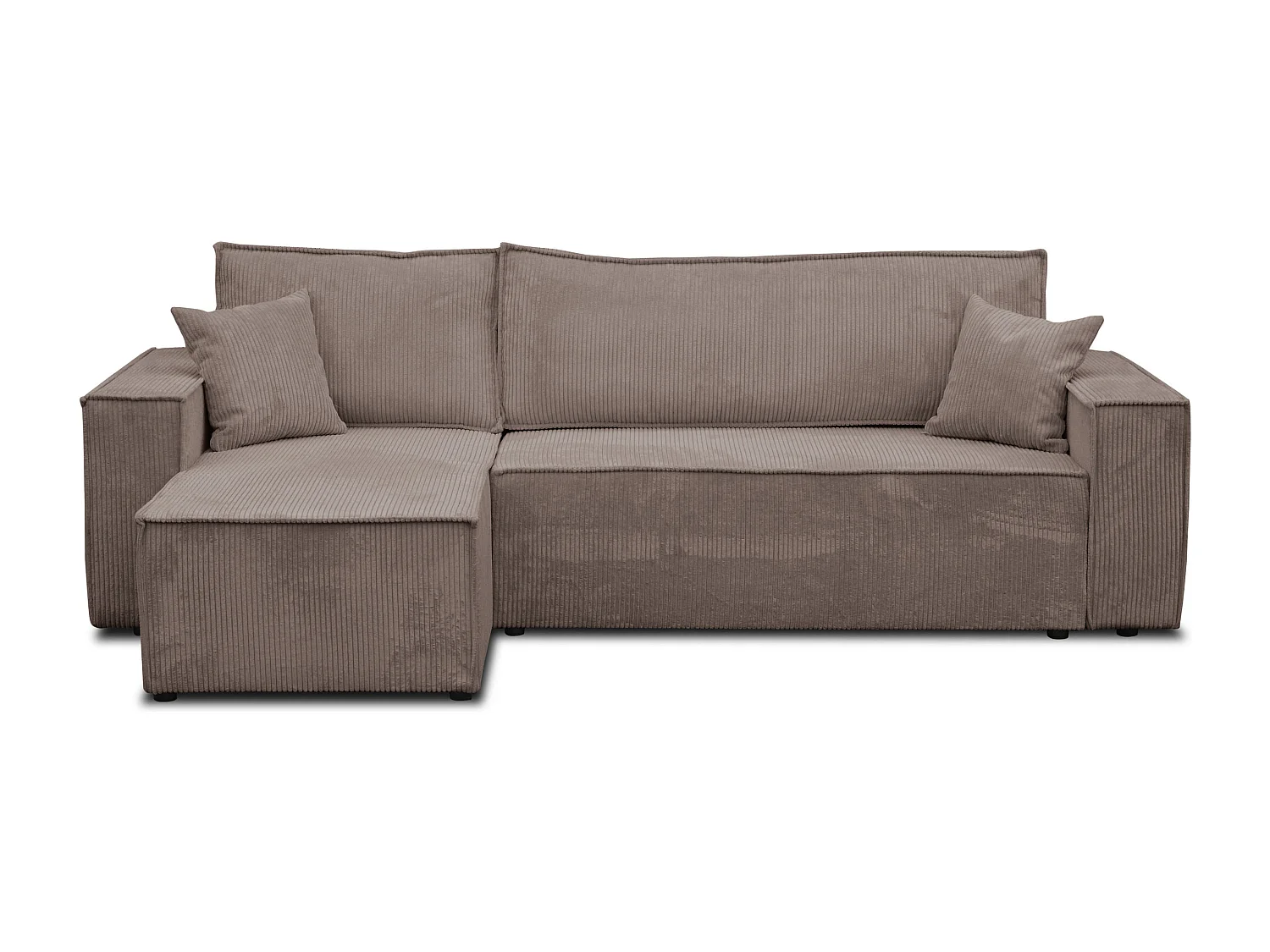 Canapé d'angle Hugo L avec fonction couchage et coffre de rangement, couleur : marron clair, tissu cordé, pouf universel