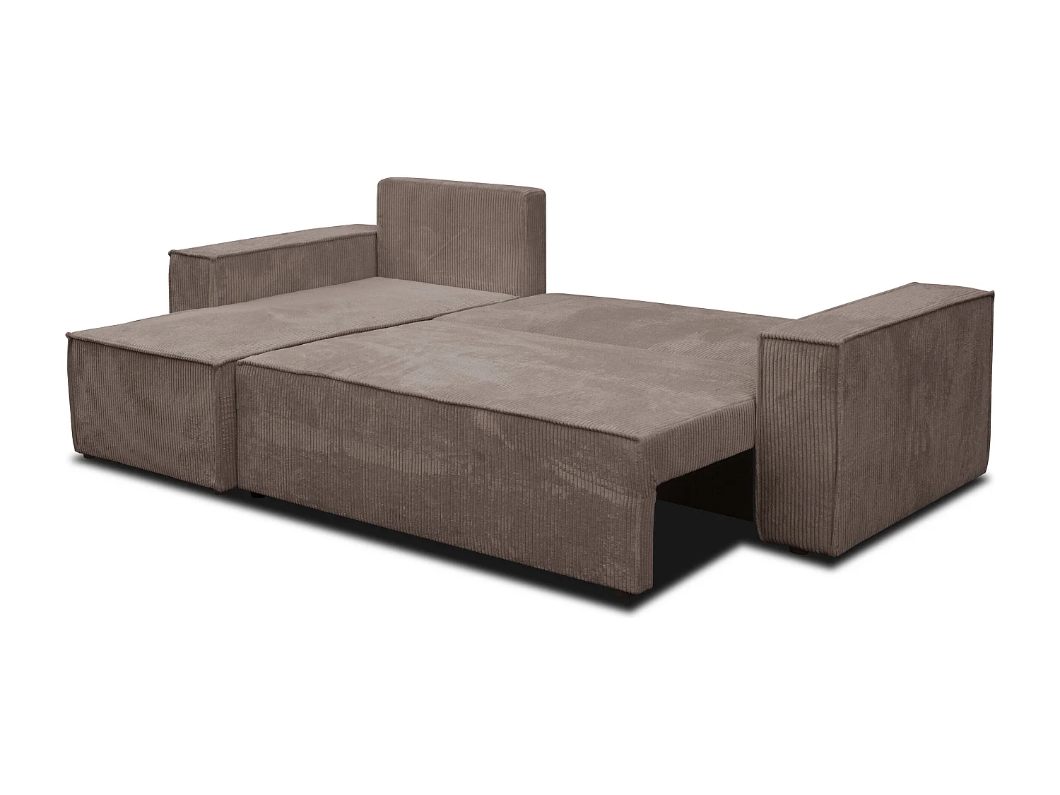 Canapé d'angle Hugo L avec fonction couchage et coffre de rangement, couleur : marron clair, tissu cordé, pouf universel