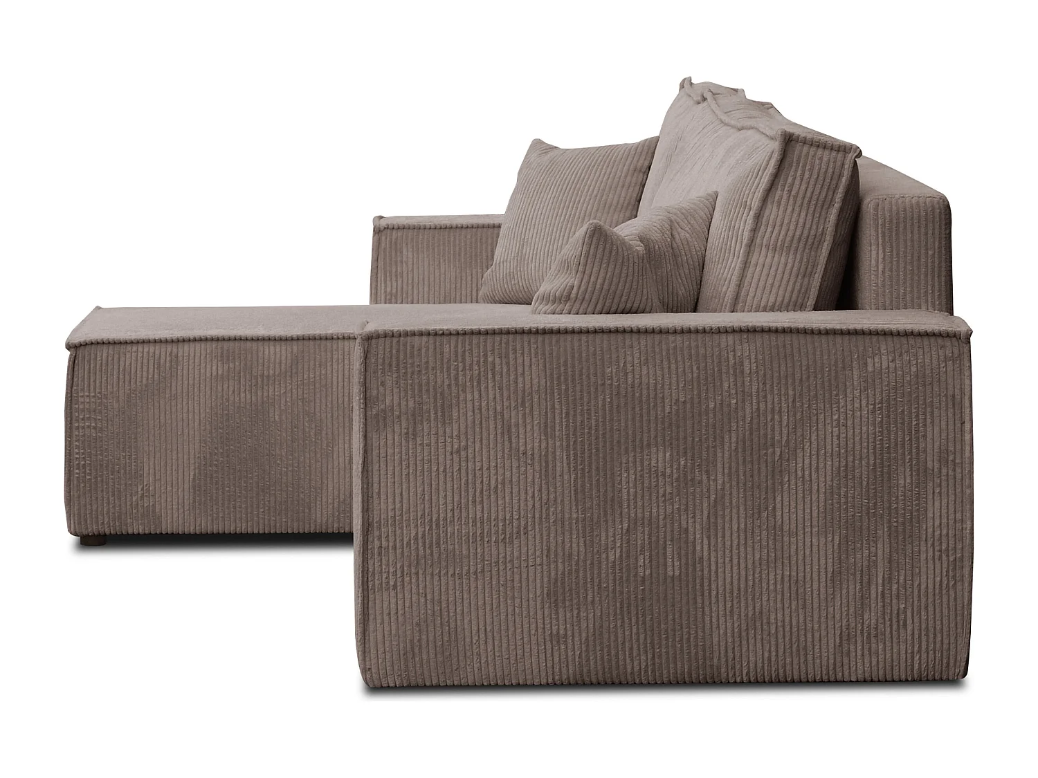 Canapé d'angle Hugo L avec fonction couchage et coffre de rangement, couleur : marron clair, tissu cordé, pouf universel